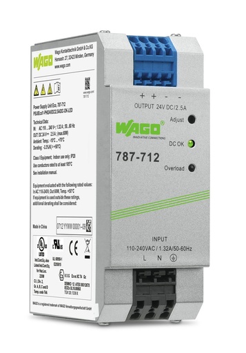 [WAG100606] FUENTE ALIMENTACION; SAL. 24V DC; 2,5 A; PROTEC CON. EN PARALELO, CORTOCIRCUITO; AJUSTE SAL; LED (WAG100606 / 787-712)